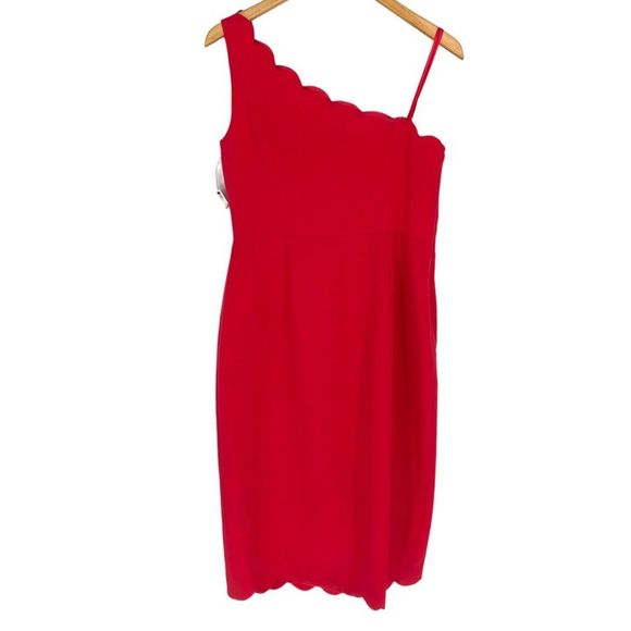 Maggy London Bright Coral Hot Pink Scallop Trim One Shoulder Sheath Dress size 8 - Picture 8 of 13